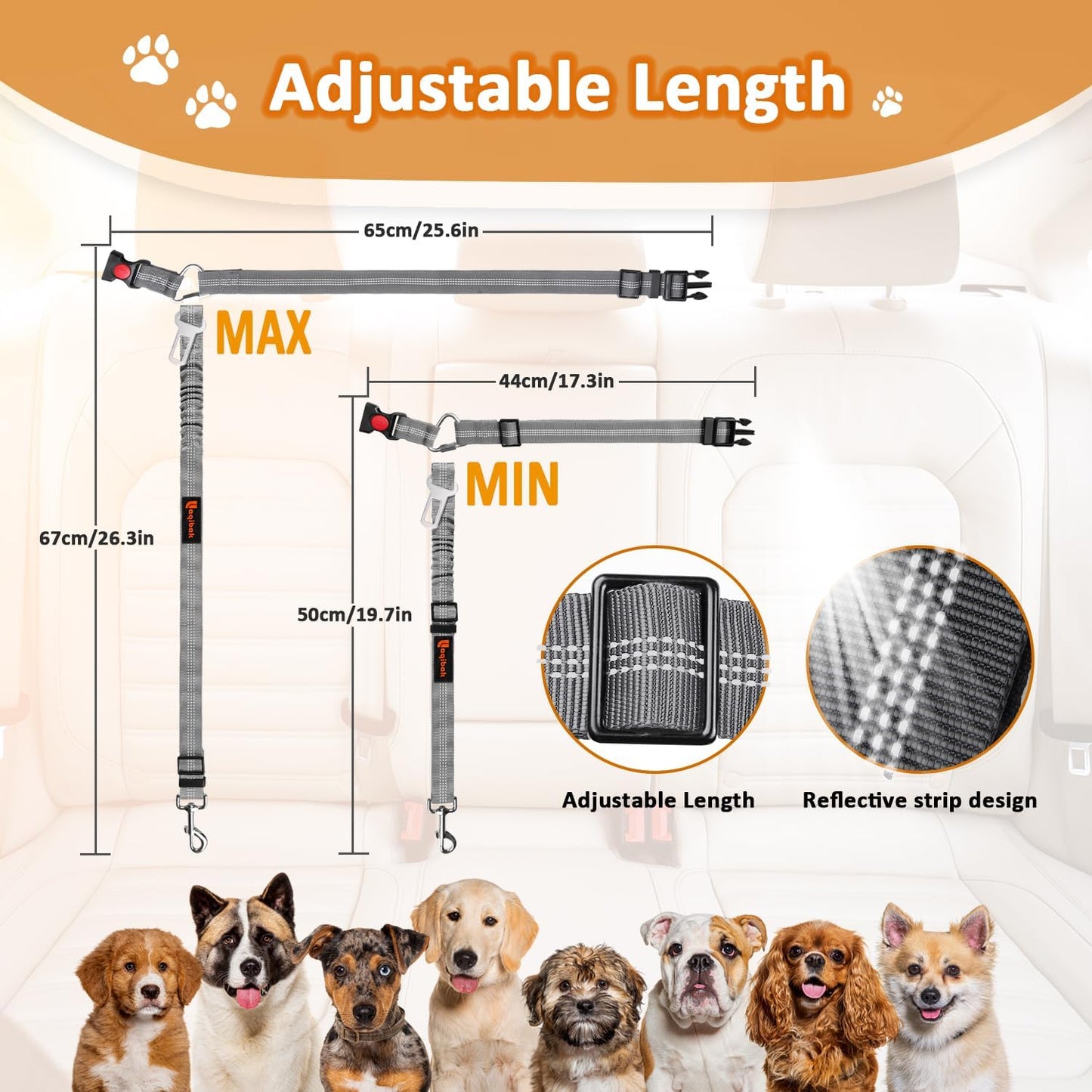 Removable Dog Seat Belt Harness for Car, 3 in 1 Pet Dog Car Seatbelt Leash, Retractable Restraint Secures to Vehicle Headrest & Adjustable Reflective Bungee Dog Seatbelt Tether, Grey