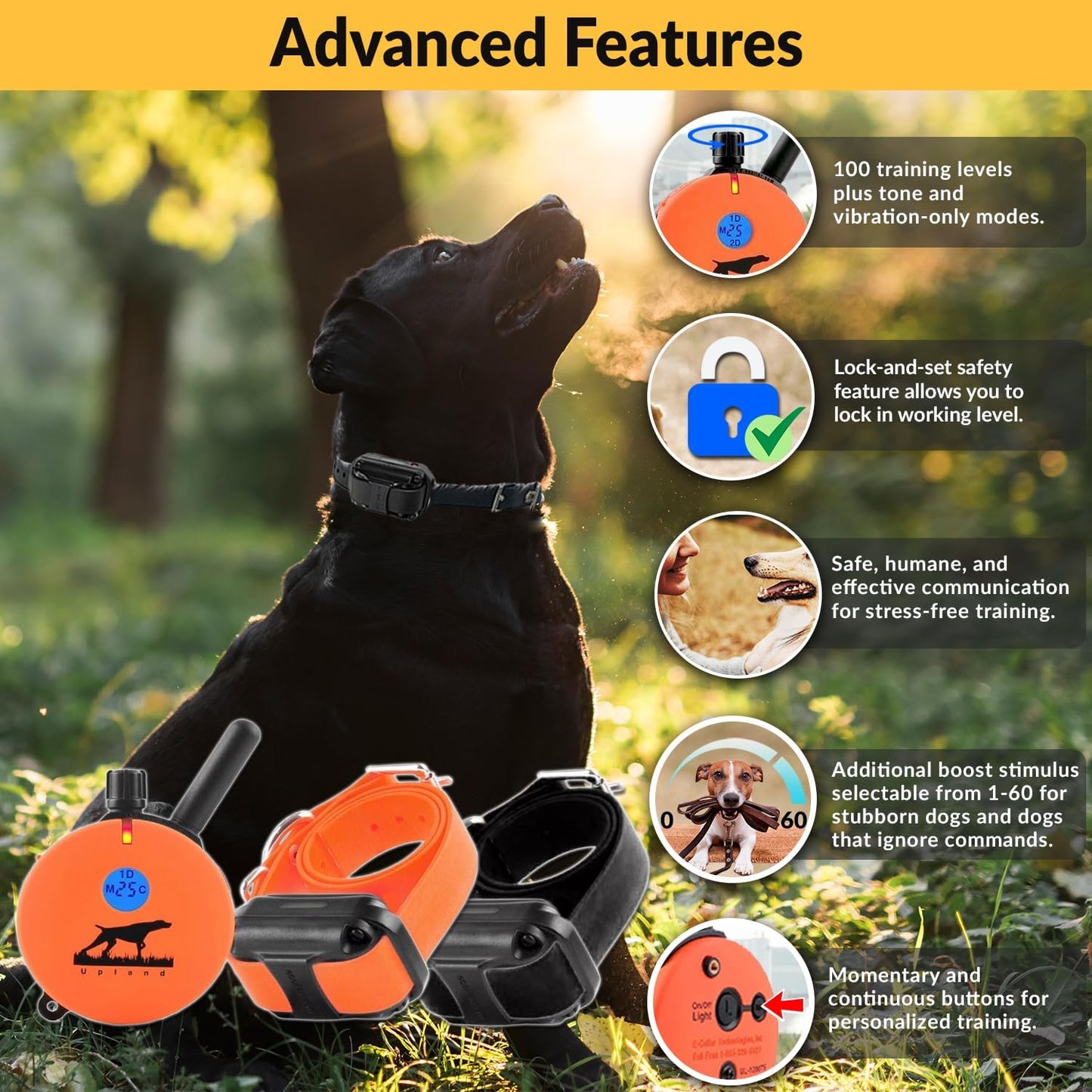 E-Collar Humane Dog Training Collar with Remote, Features 100 Levels of Safe Stimulation, Tapping Sensation, Night Light, Waterproof, Rechargeable, 1 Mile 2 Dog, Upland Orange | 100 Levels of Safe Stimulation, 1 Mile Range, Waterproof & Rechargeable, Nigh