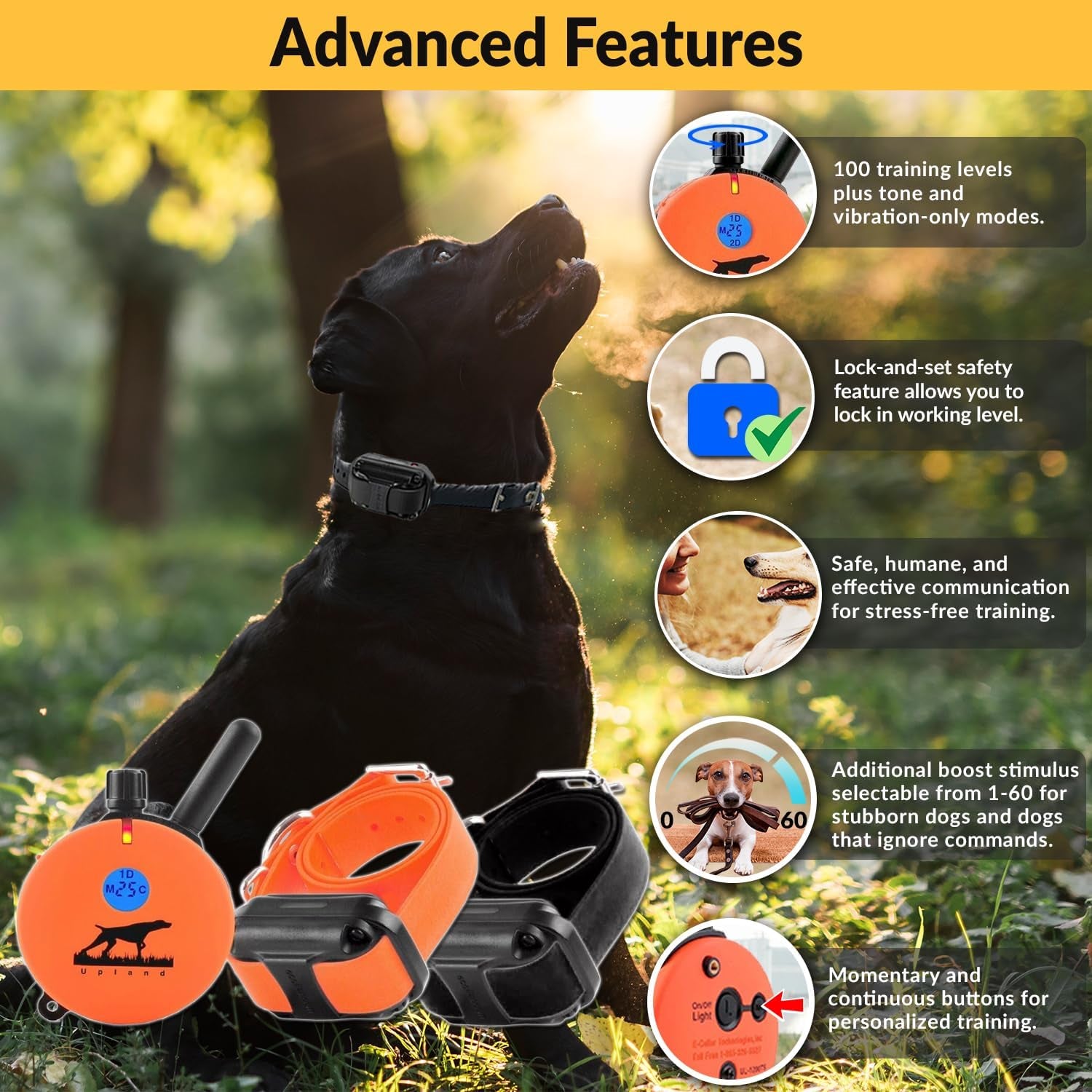 E-Collar Humane Dog Training Collar with Remote, Features 100 Levels of Safe Stimulation, Tapping Sensation, Night Light, Waterproof, Rechargeable, 1 Mile 2 Dog, Upland Orange | 100 Levels of Safe Stimulation, 1 Mile Range, Waterproof & Rechargeable, Nigh