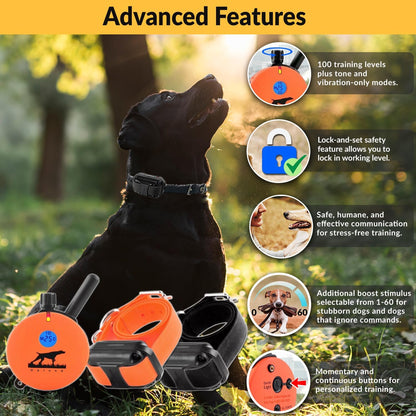 E-Collar Humane Dog Training Collar with Remote, Features 100 Levels of Safe Stimulation, Tapping Sensation, Night Light, Waterproof, Rechargeable, 1 Mile 2 Dog, Upland Orange | 100 Levels of Safe Stimulation, 1 Mile Range, Waterproof & Rechargeable, Nigh