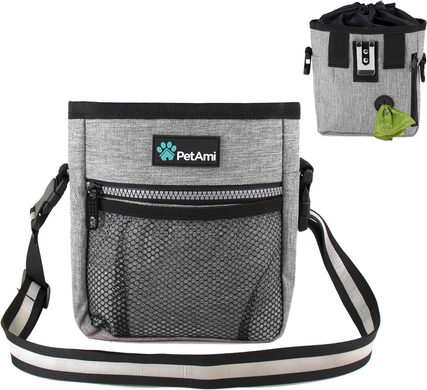 Dog Treat Pouch | Dog Training Pouch Bag with Waist Shoulder Strap, Poop Bag Dispenser and Collapsible Bowl | Treat Training Bag for Treats, Kibbles, Pet Toys | 3 Ways to Wear (Heather Gray)