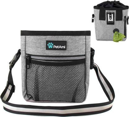 Dog Treat Pouch | Dog Training Pouch Bag with Waist Shoulder Strap, Poop Bag Dispenser and Collapsible Bowl | Treat Training Bag for Treats, Kibbles, Pet Toys | 3 Ways to Wear (Heather Gray)