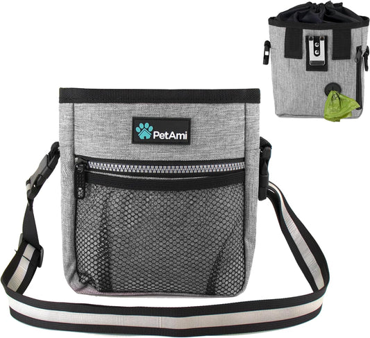 Dog Treat Pouch | Dog Training Pouch Bag with Waist Shoulder Strap, Poop Bag Dispenser and Collapsible Bowl | Treat Training Bag for Treats, Kibbles, Pet Toys | 3 Ways to Wear (Heather Gray)