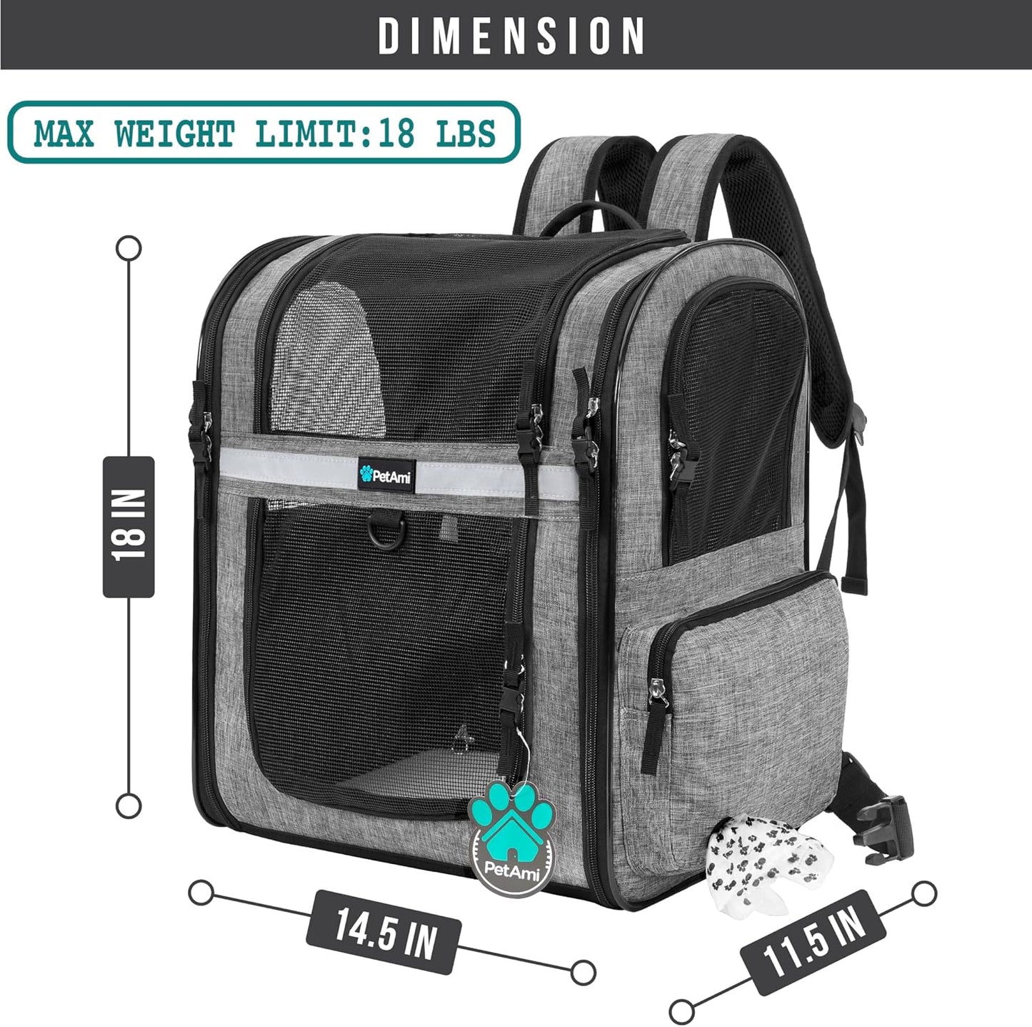 Dog Backpack Carrier for Small Large Cat, Pet, Puppies, Ventilated Pet Hiking Backpack Travel Bag, Airline Approved Cat Backpack Carrier, Safety Back Support, Camping Biking, Max 18 Lbs, Grey