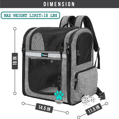 Dog Backpack Carrier for Small Large Cat, Pet, Puppies, Ventilated Pet Hiking Backpack Travel Bag, Airline Approved Cat Backpack Carrier, Safety Back Support, Camping Biking, Max 18 Lbs, Grey