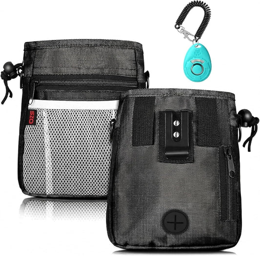 Dog Treat Pouch - 3 Ways to Wear Treat Pouches for Pet Training and 2 Pieces Clicker Taining for Dogs, Dog Training Treat Pouch Bag and Dog Clicker for Training with Waist Belt Shoulder Strap - Black