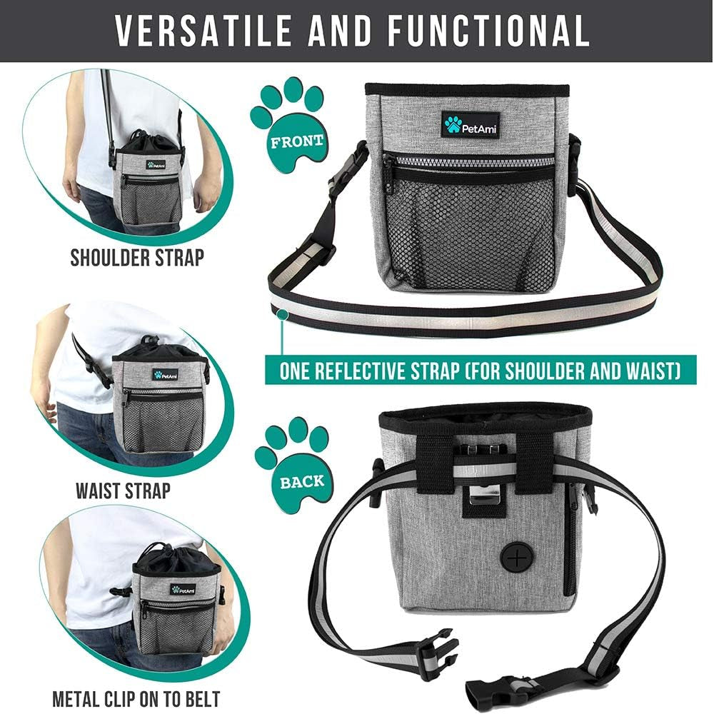 Dog Treat Pouch | Dog Training Pouch Bag with Waist Shoulder Strap, Poop Bag Dispenser and Collapsible Bowl | Treat Training Bag for Treats, Kibbles, Pet Toys | 3 Ways to Wear (Heather Gray)