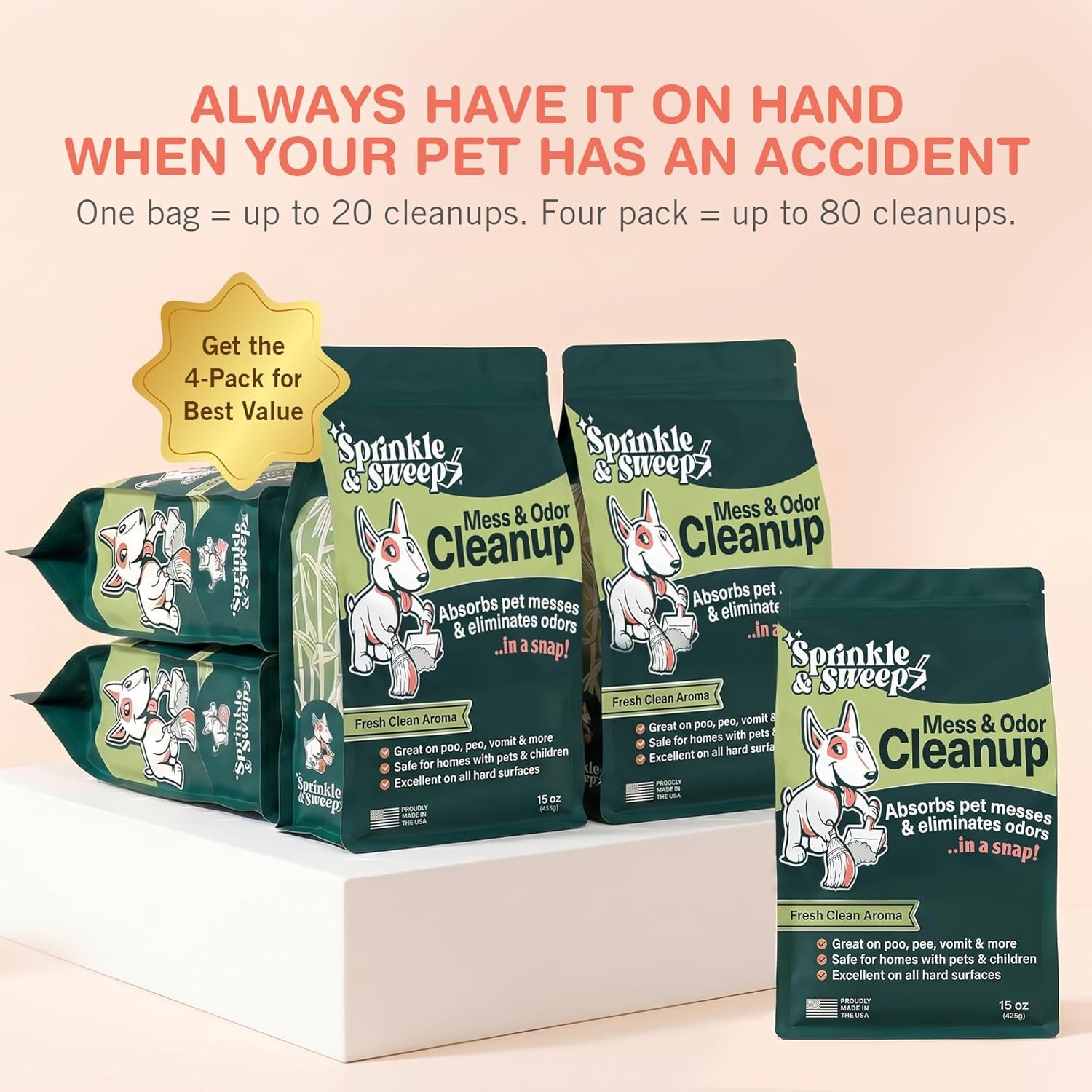 Pet Accident Cleanup for All Hard Surface - Non Toxic Quick Pet Mess Cleaner & Odor Remover for Urine, Poop, Vomit, Diarrhea & Potty Training, Hair Balls (1Bag + Sweeper Kit)
