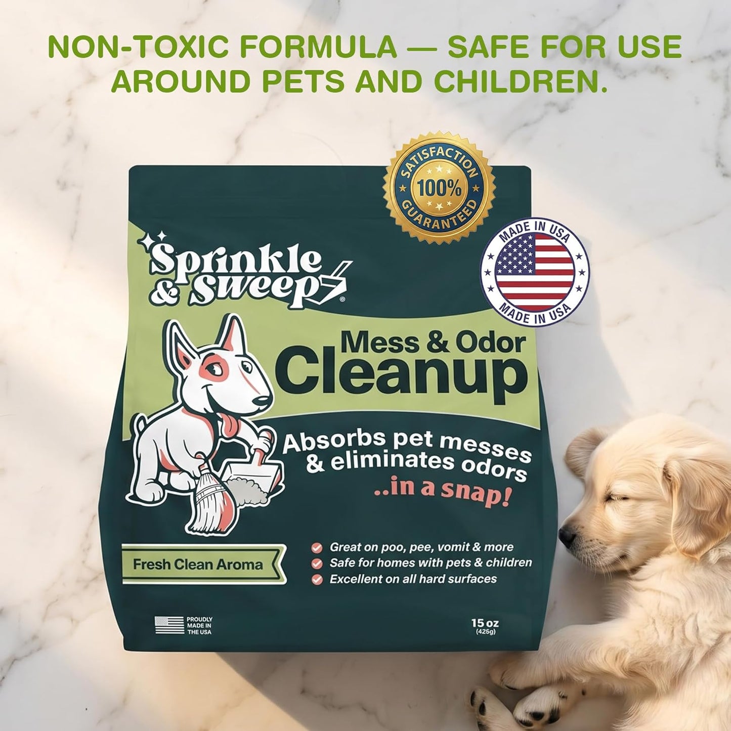 Pet Accident Cleanup for All Hard Surface - Non Toxic Quick Pet Mess Cleaner & Odor Remover for Urine, Poop, Vomit, Diarrhea & Potty Training, Hair Balls (1Bag + Sweeper Kit)