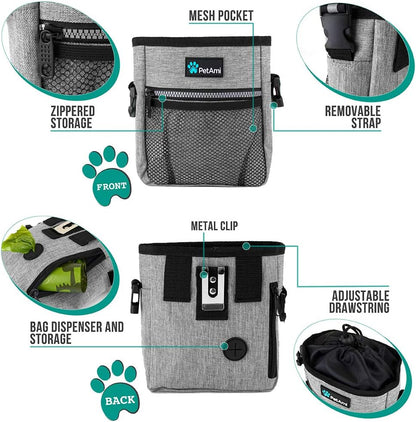 Dog Treat Pouch | Dog Training Pouch Bag with Waist Shoulder Strap, Poop Bag Dispenser and Collapsible Bowl | Treat Training Bag for Treats, Kibbles, Pet Toys | 3 Ways to Wear (Heather Gray)