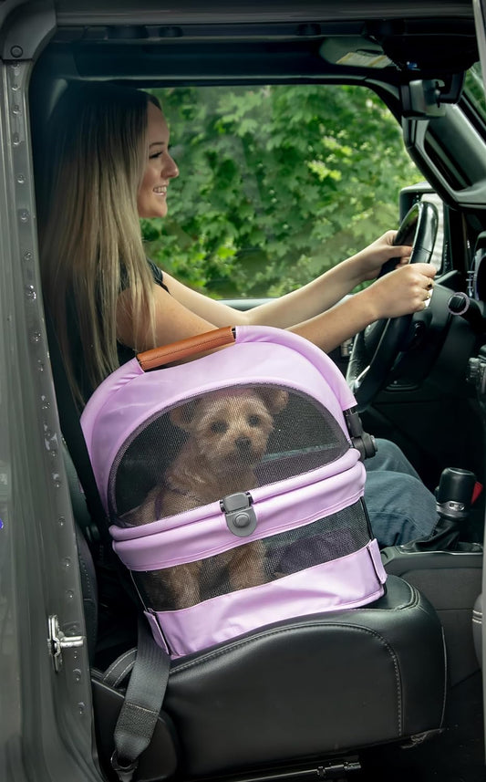 No-Zip View 360 Ultra Lite Pet Safety Carrier & Car Seat for Small Dogs & Cats Push Button Entry, 15", Bright Lilac