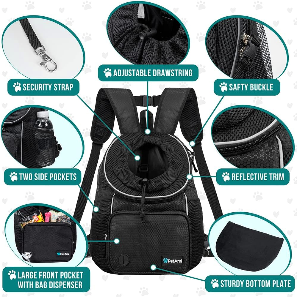 Front Carrier Backpack for Dogs and Cats, Adjustable Ventilated Pet Chest Carrier for Hiking, Camping, Travel - Small to Medium Pets, Max 10 Lbs, Black
