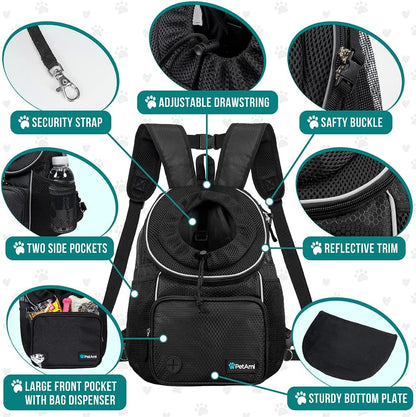 Front Carrier Backpack for Dogs and Cats, Adjustable Ventilated Pet Chest Carrier for Hiking, Camping, Travel - Small to Medium Pets, Max 10 Lbs, Black