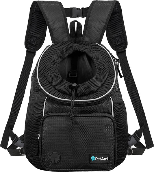 Front Carrier Backpack for Dogs and Cats, Adjustable Ventilated Pet Chest Carrier for Hiking, Camping, Travel - Small to Medium Pets, Max 10 Lbs, Black