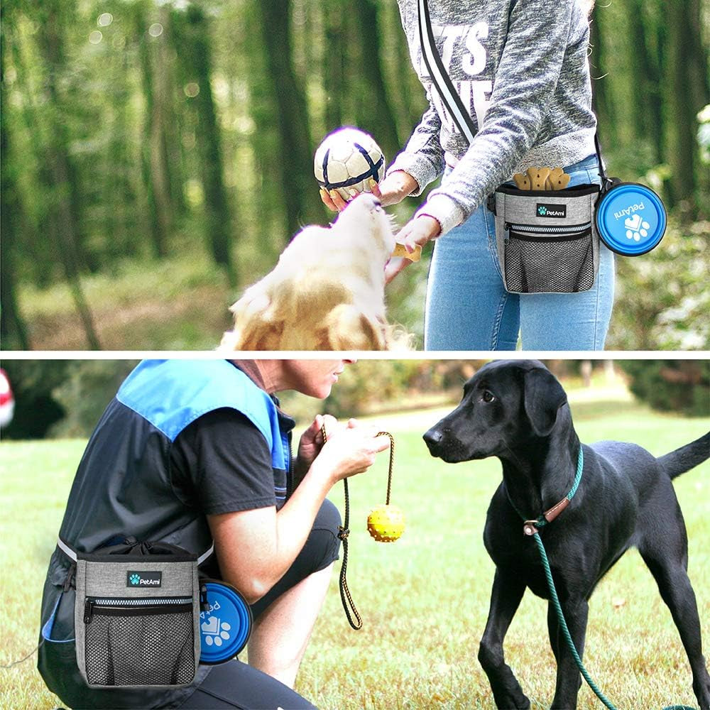 Dog Treat Pouch | Dog Training Pouch Bag with Waist Shoulder Strap, Poop Bag Dispenser and Collapsible Bowl | Treat Training Bag for Treats, Kibbles, Pet Toys | 3 Ways to Wear (Heather Gray)
