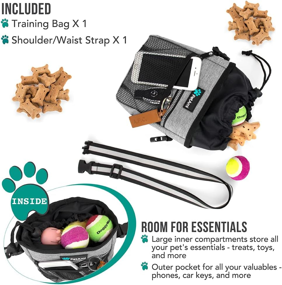 Dog Treat Pouch | Dog Training Pouch Bag with Waist Shoulder Strap, Poop Bag Dispenser and Collapsible Bowl | Treat Training Bag for Treats, Kibbles, Pet Toys | 3 Ways to Wear (Heather Gray)