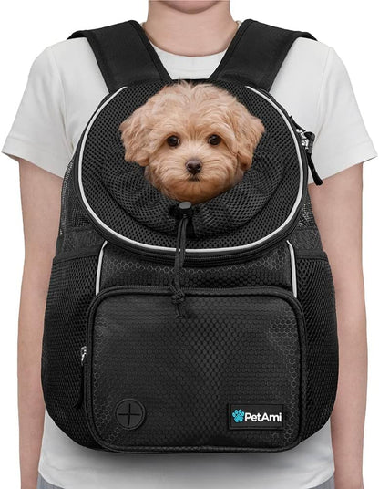 Front Carrier Backpack for Dogs and Cats, Adjustable Ventilated Pet Chest Carrier for Hiking, Camping, Travel - Small to Medium Pets, Max 10 Lbs, Black