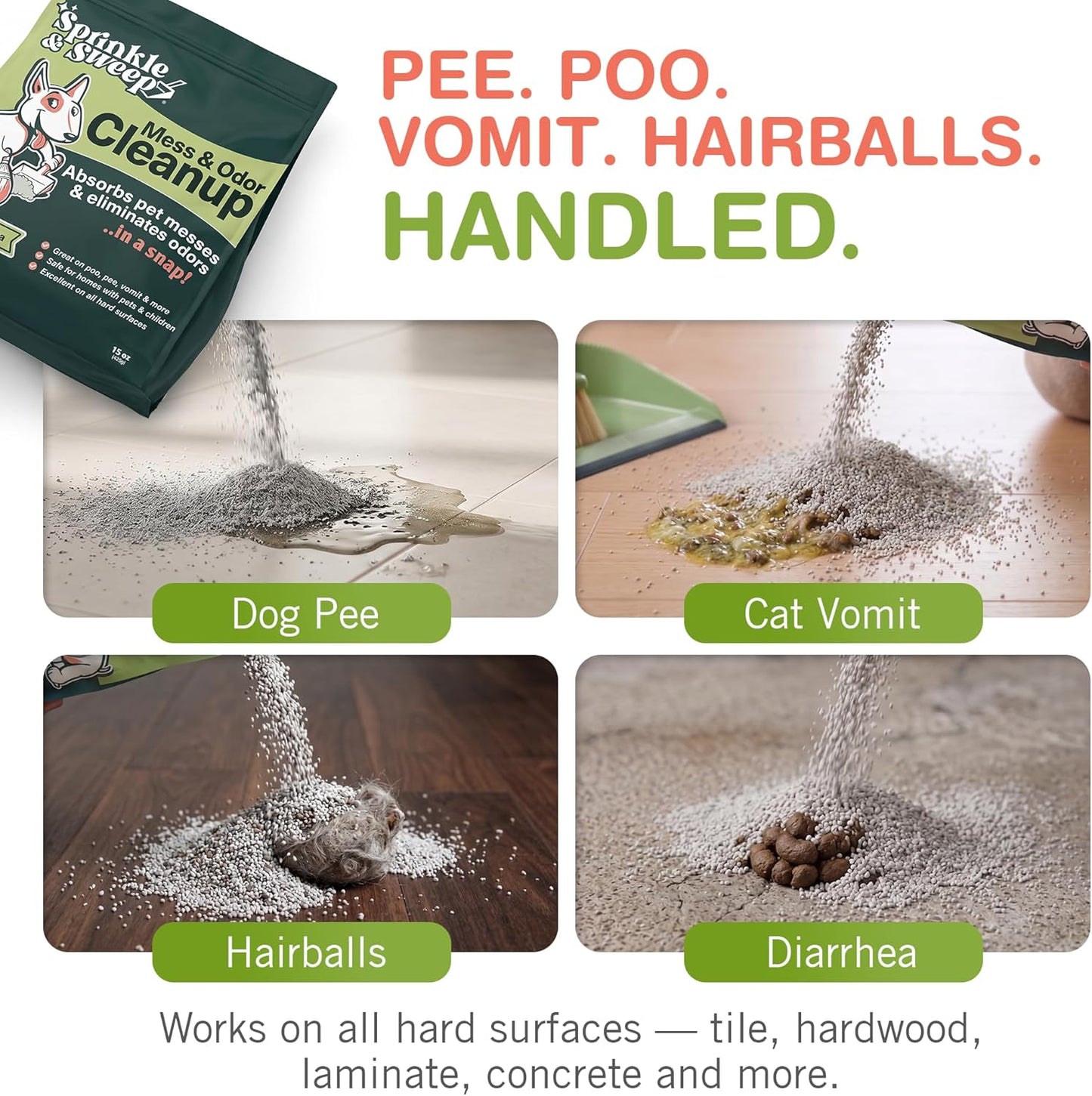 Pet Accident Cleanup for All Hard Surface - Non Toxic Quick Pet Mess Cleaner & Odor Remover for Urine, Poop, Vomit, Diarrhea & Potty Training, Hair Balls (1Bag + Sweeper Kit)