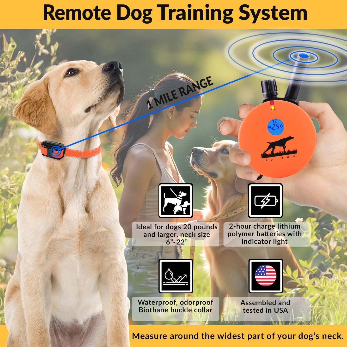 E-Collar Humane Dog Training Collar with Remote, Features 100 Levels of Safe Stimulation, Tapping Sensation, Night Light, Waterproof, Rechargeable, 1 Mile 2 Dog, Upland Orange | 100 Levels of Safe Stimulation, 1 Mile Range, Waterproof & Rechargeable, Nigh